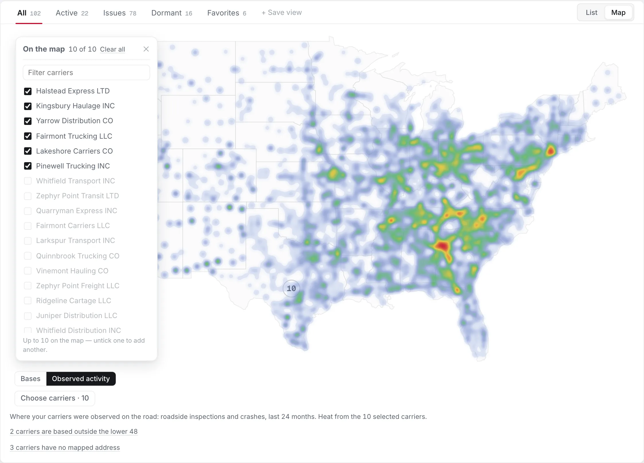 The book's map view: a heat map of the lower 48 built from roadside inspections and crashes over 24 months for ten selected carriers, densest through the Southeast and along the I-95 corridor, with a panel to choose which carriers are on the map.