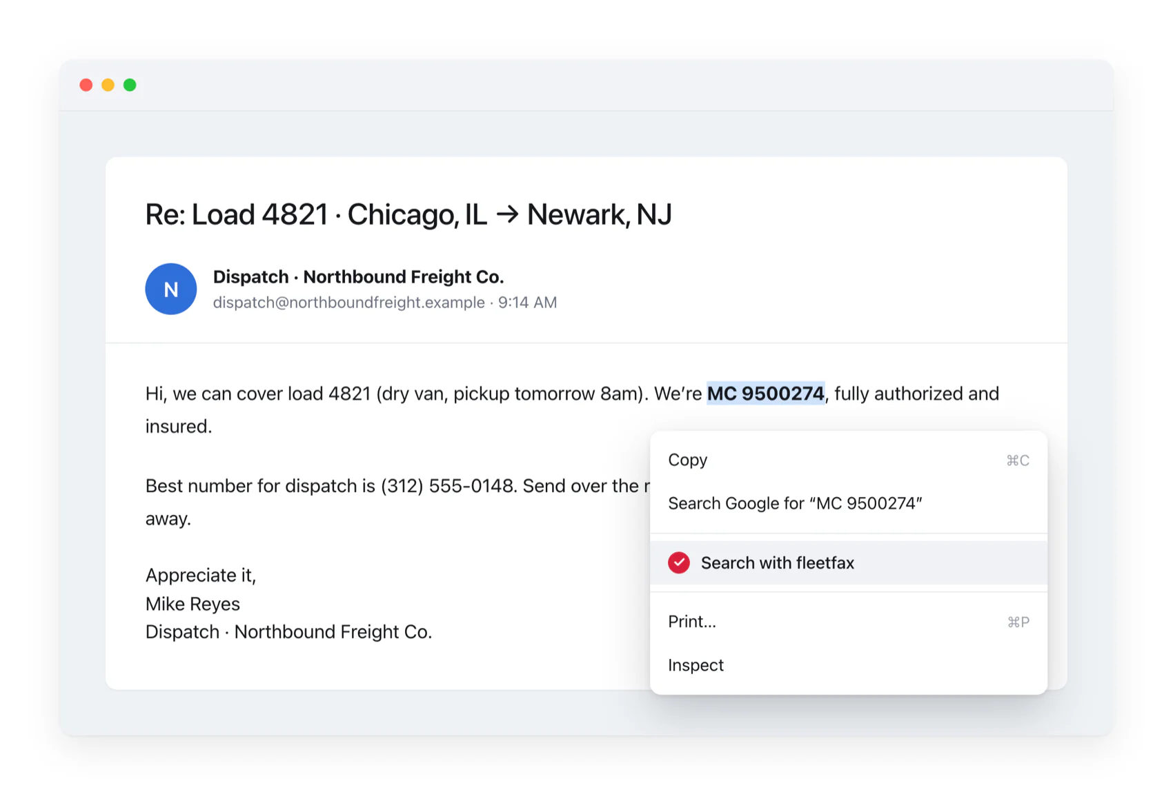 A right-click menu on a highlighted MC number in a broker's inbox, showing the Search with fleetfax option. An illustration; the brokerage, the sender and the docket number are invented.