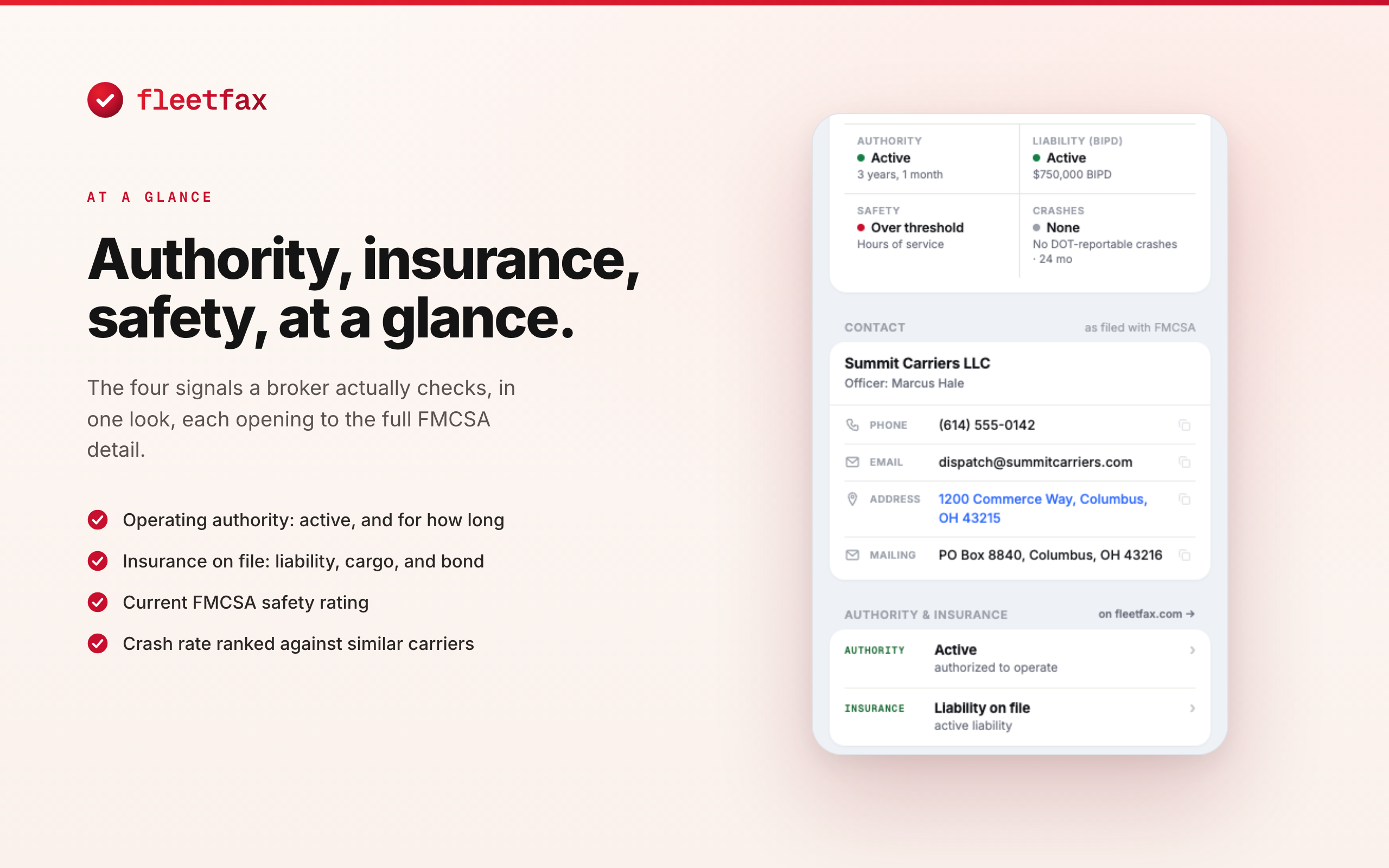 Authority, insurance, and safety at a glance, with verified contact details