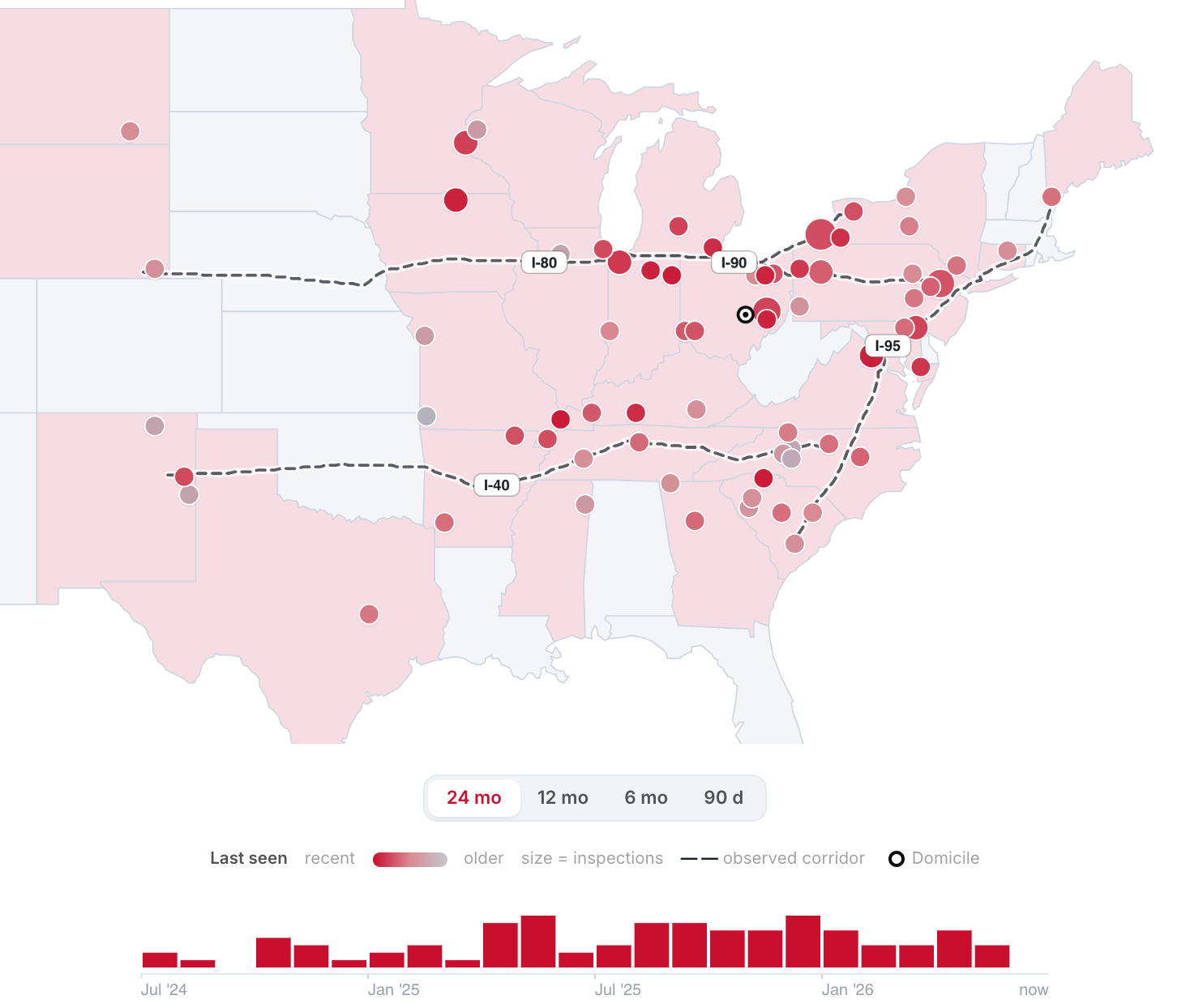 A carrier's operating map built from real roadside inspection locations, with an activity timeline